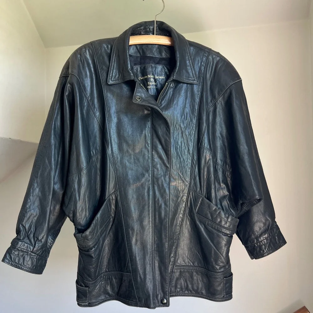 Vintage 80s Leather Jacket Black Biker Moto Dolman Sleeve Batwing Oversized USA